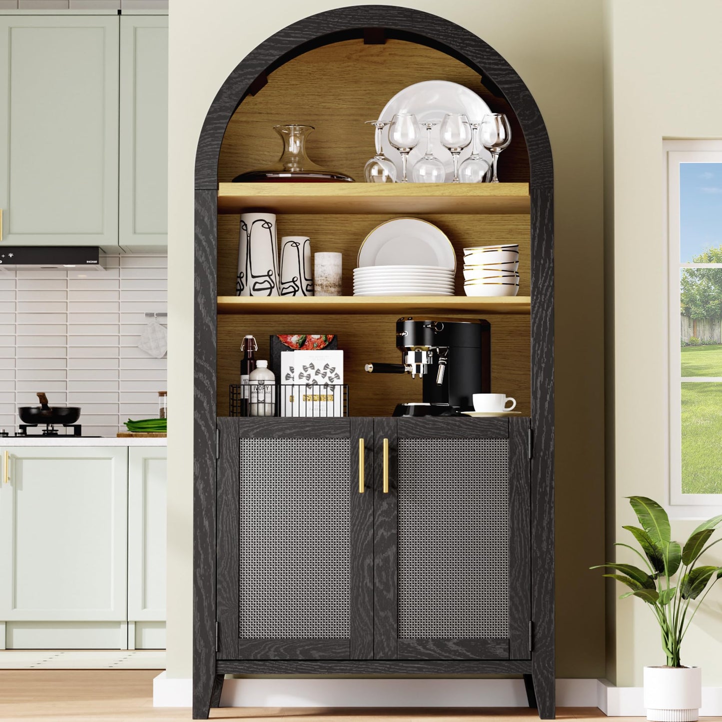 Trygoal 63" Black Arched Cabinet with Doors, 5-Tier Arched Bookshelf with Storage Wood Storage Cabinet with Adjustable Shelves for Kitchen, Living Room, Office, Black & Rattan