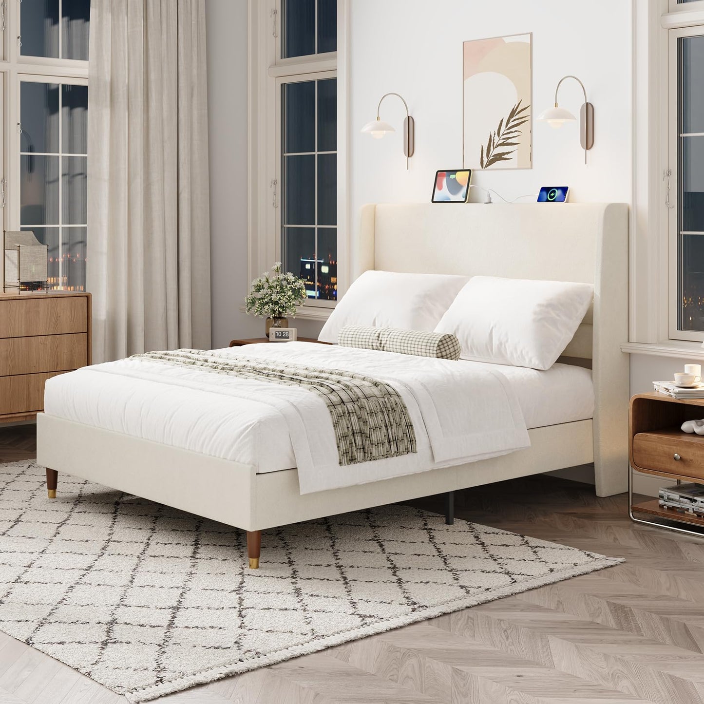MALOL Queen Size Bed Frame with Upholstered Headboard, Linen Fabric Platform Bed Frame with USB Charging Ports, No Box Spring Needed, Sturdy Metal Support, Noise Free, Modern Bedroom Furniture,White