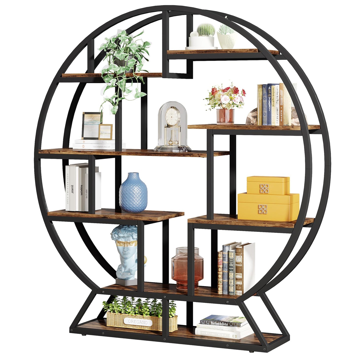 Tribesigns Bookshelf, Round Bookshelves Etagere Bookcase, 63 Inch Industrial Wood Book Shelf with Staggered Shelves, Rustic Open Shelving Organizer Rack Display Shelf for Home Office, Living Room