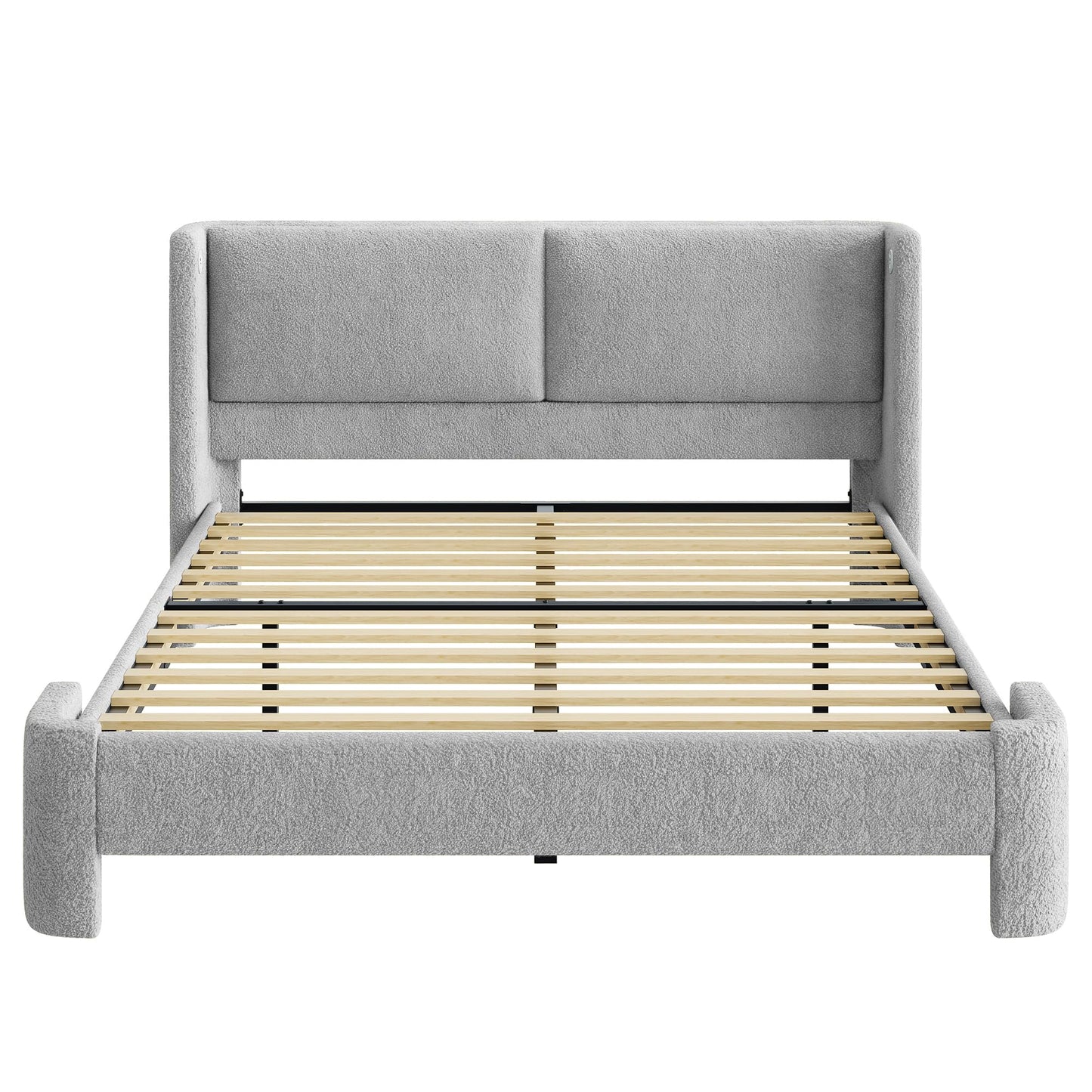 LIKIMIO Queen Bed Frame with Headboard, Upholstered Boucle Platform Bed with USB Ports, Base Camas Queen No Box Spring Needed, Gray