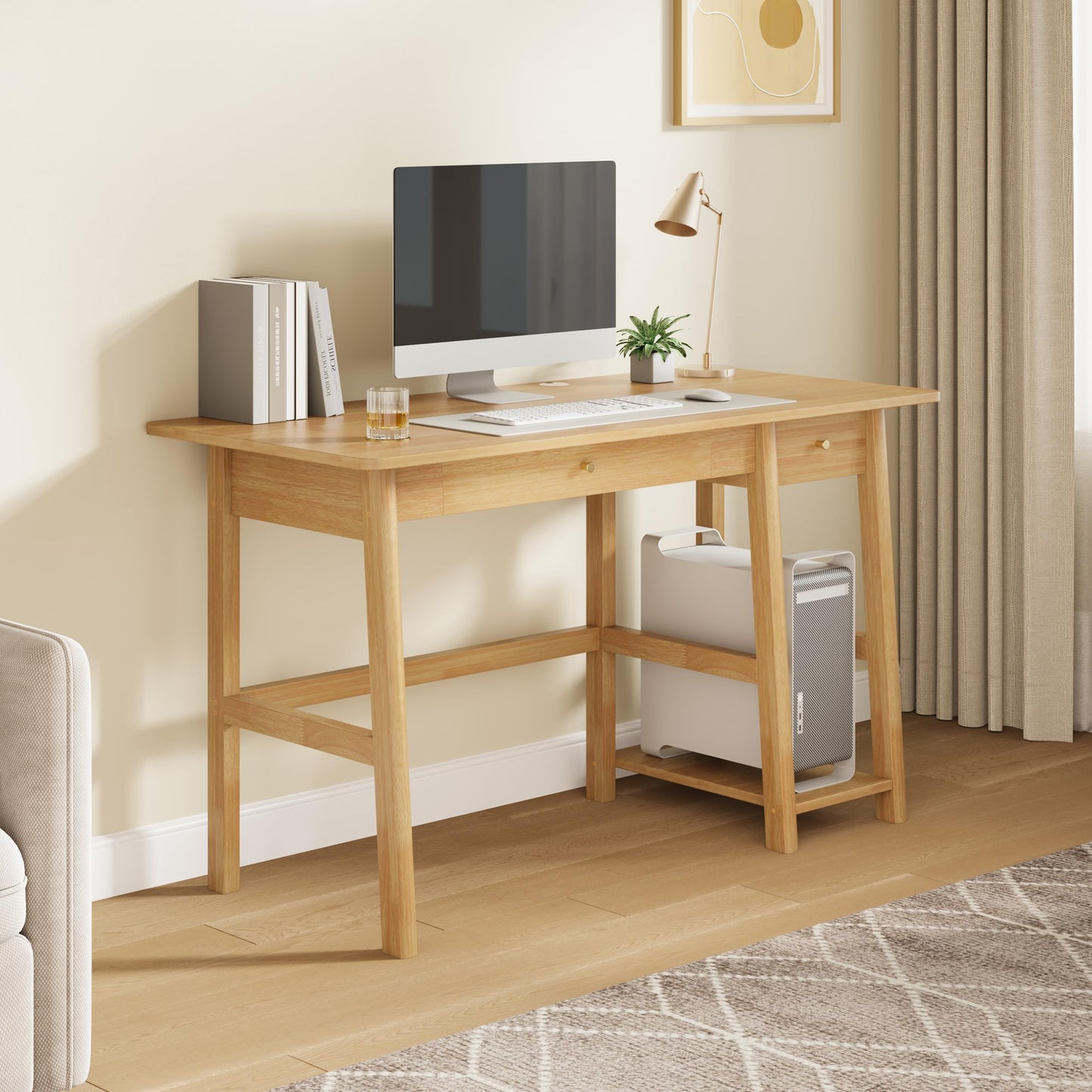 NELYE Solid Wood Desk with Drawer - 52 Inch Modern Writing and Computing Workstation for Home Office in Oak
