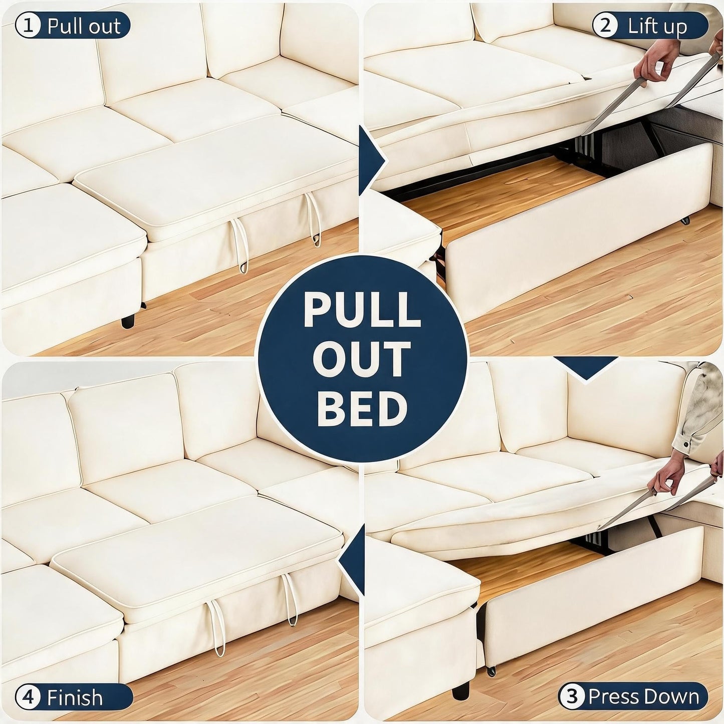 Modular Sectional Couch with Pull Out Sofa Bed, 116" U Shaped Modular Cloud Sofa Set with Ottoman, Charging Port & Foldable Side Table, 7 Seater Comfy Chenille Sleeper Couch for Living Room, Beige