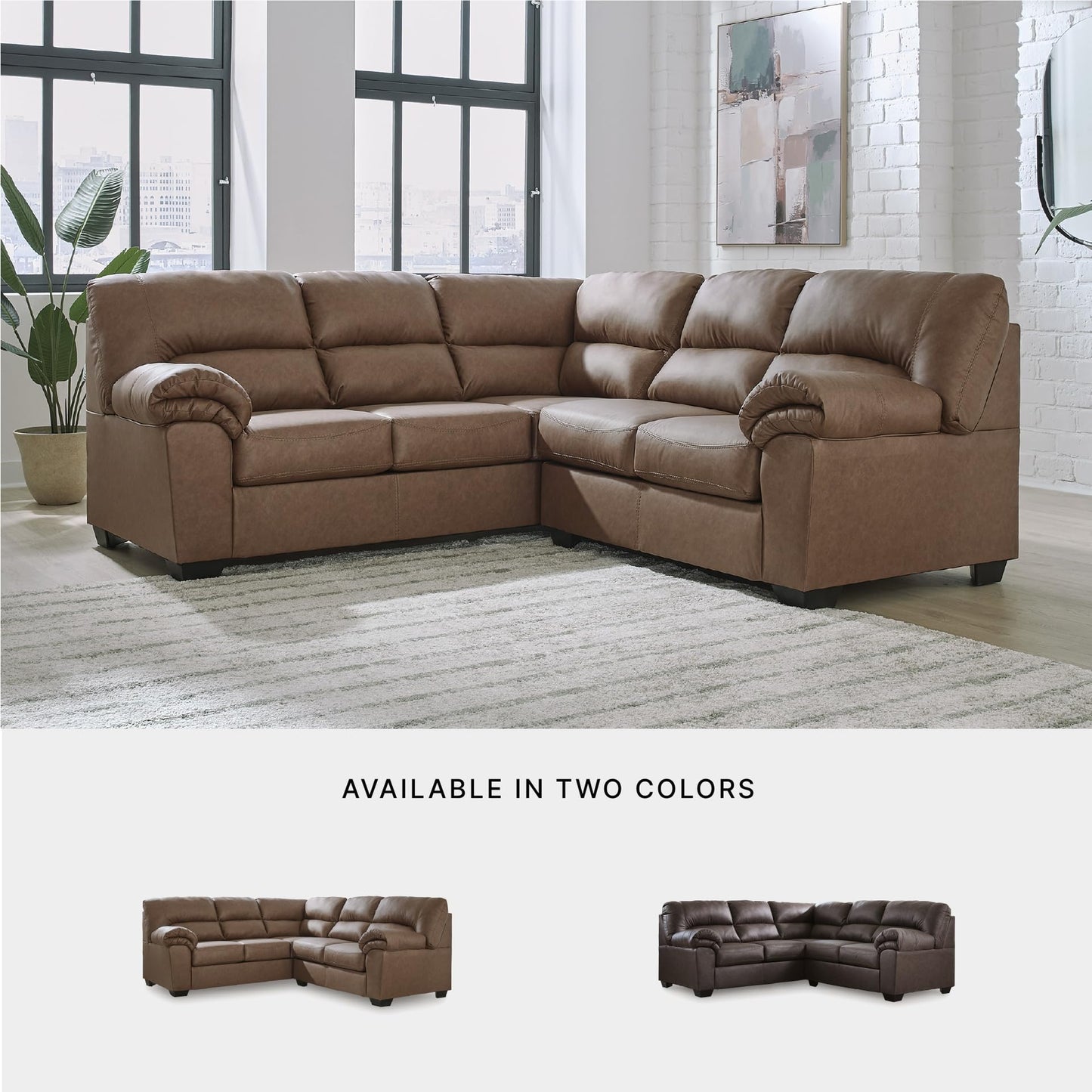 Signature Design by Ashley Whitlock L-Shape Right-Arm Facing Casual Faux Leather 2-Piece Sectional with Removable Cushion, Dark Brown