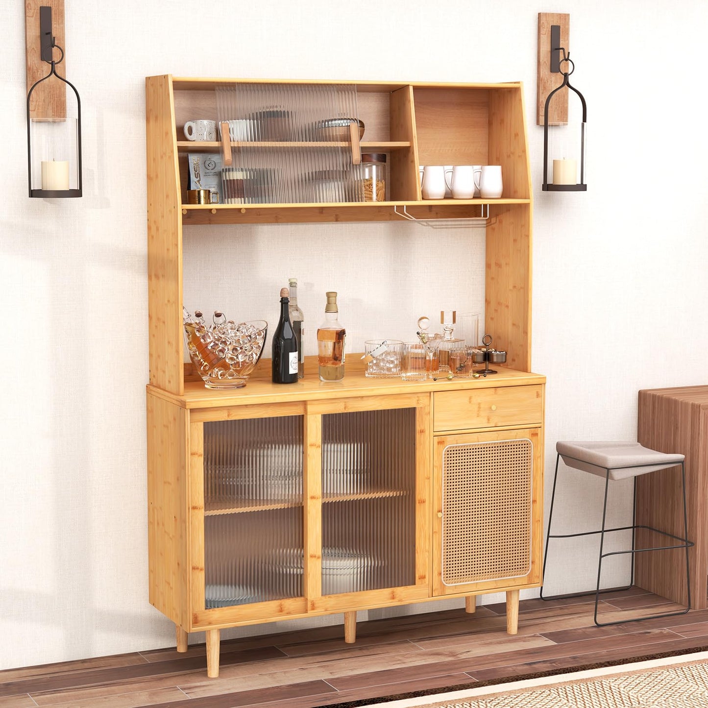 Giantex Pantry Cabinet, 69" Bamboo Hutch Cabinet with Storage, Drawer, Microwave Countertop, Glass Holder, Freestanding Buffet Sideboard with Rattan Door, Tall Cupboard for Kitchen Coffee Bar