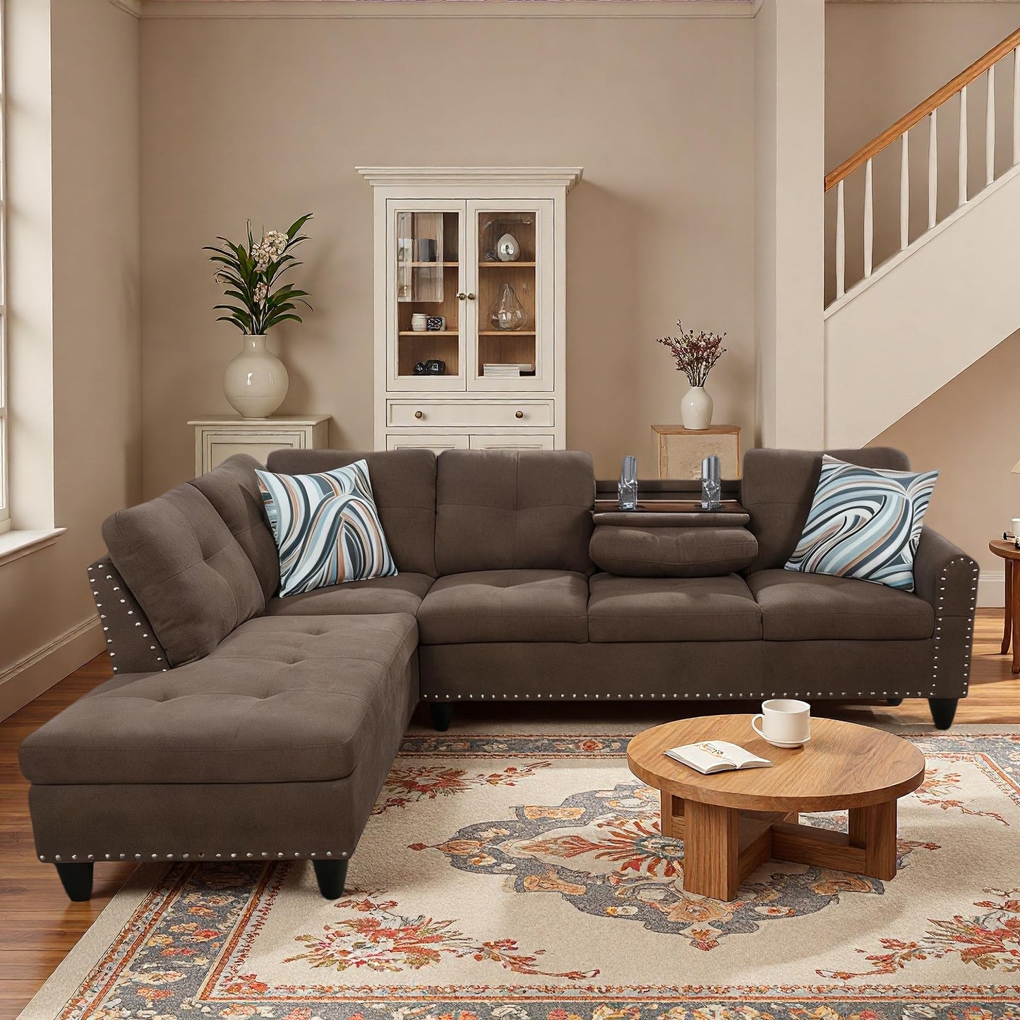 Trygoal L-Shaped Sectional Sofa, Modern 4-Seat Couch with Built-in Cup Holders, Upholstered Fabric Sectional Couch with Left Facing Chaise for Living Room, Apartment, Office, Brown