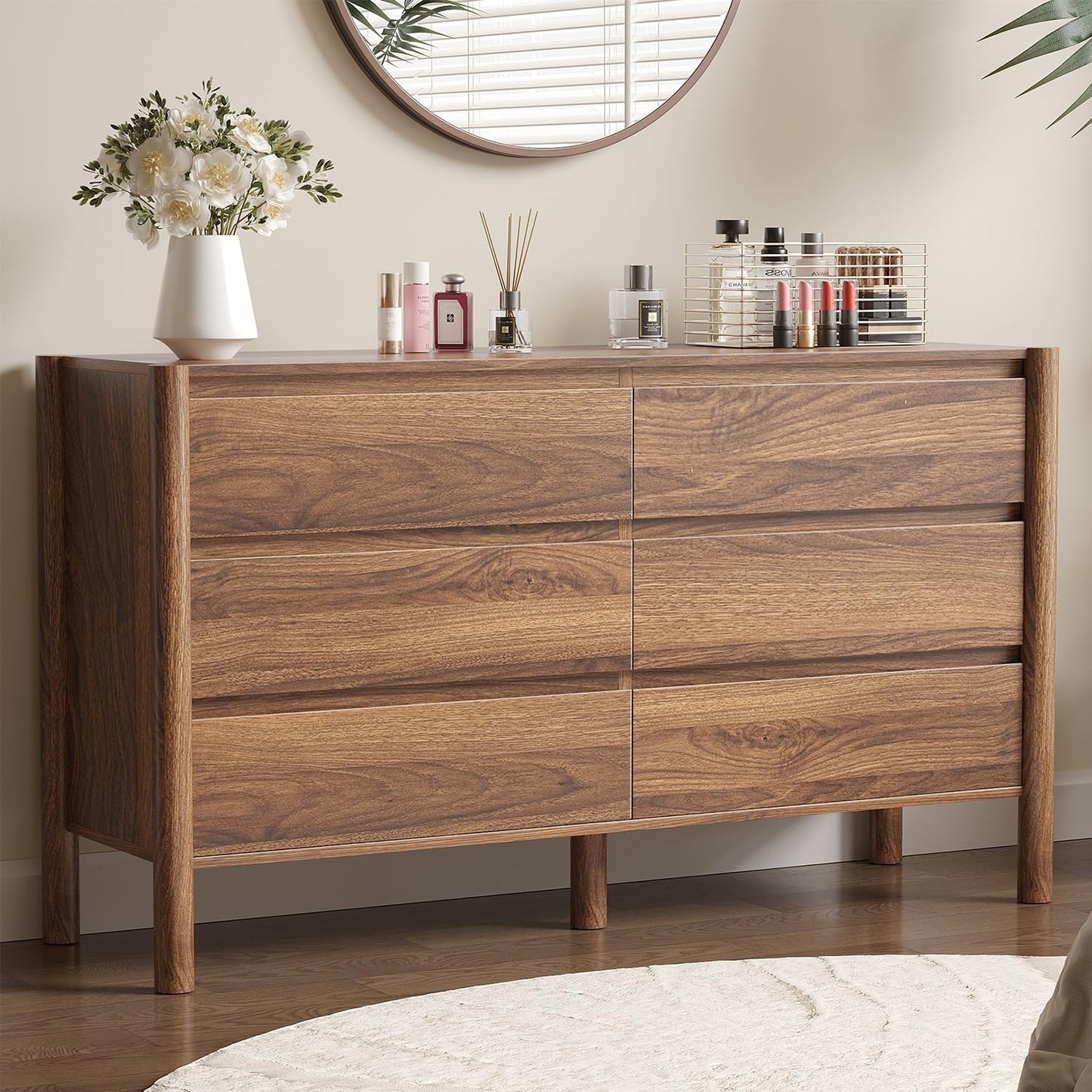 CHUWELL Walnut 6 Drawers Dresser for Bedroom, 47.2" Wide Mid Century Modern Chest of Drawers with 4 Solid Wood Cylindrical Legs and Large Storage Space, Large Dresser for Bedroom