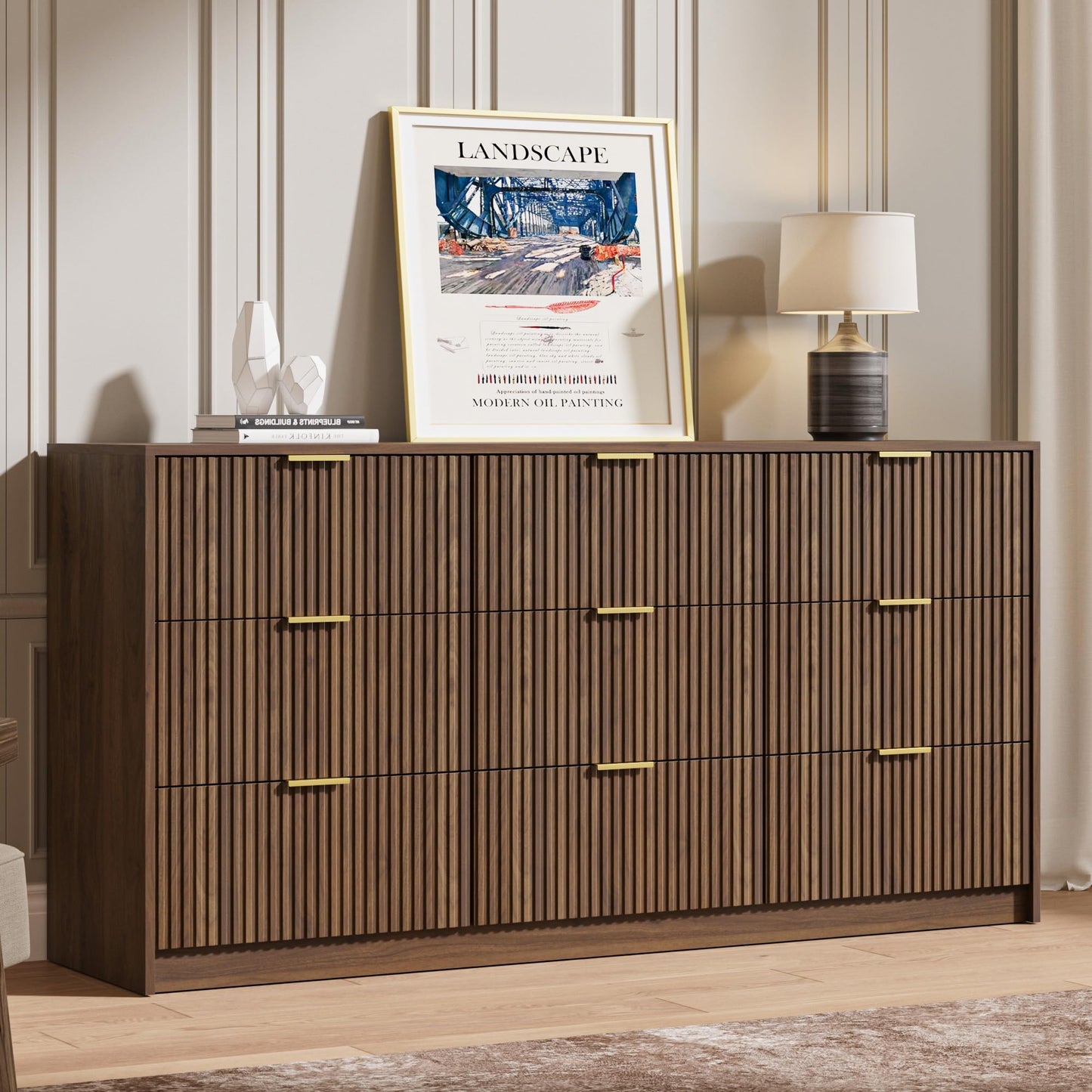 MAISONARIA 9 Drawer Dresser for Bedroom, 63" Wide Modern Fluted Dresser with Gold Metal Handles, Chest of Drawers for Bedroom, Living Room, Entryway, Hallway, Walnut
