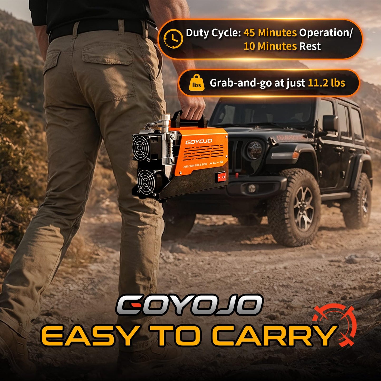 GOYOJO AC-2 PCP Air Compressor, 4500 PSI/30 MPa Portable Oil-Free Air Pump, Up to 45 Min Continuous Runtime, 12V DC & 110V/220V AC Converter, for PCP Airguns & HPA Paintball Tanks