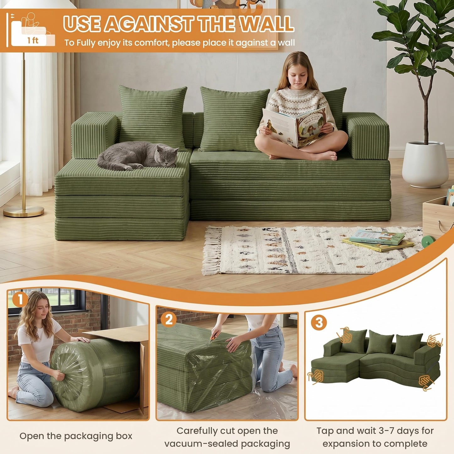 65" Modular Sectional Sofa, Boneless Convertible Sleeper Sofa Bed, Modern Tri-Folding Cloud Couch with L-Shape Chaise, Corduroy Futon Couches for Living Room Small Spaces Apartment,No Assembly,Green