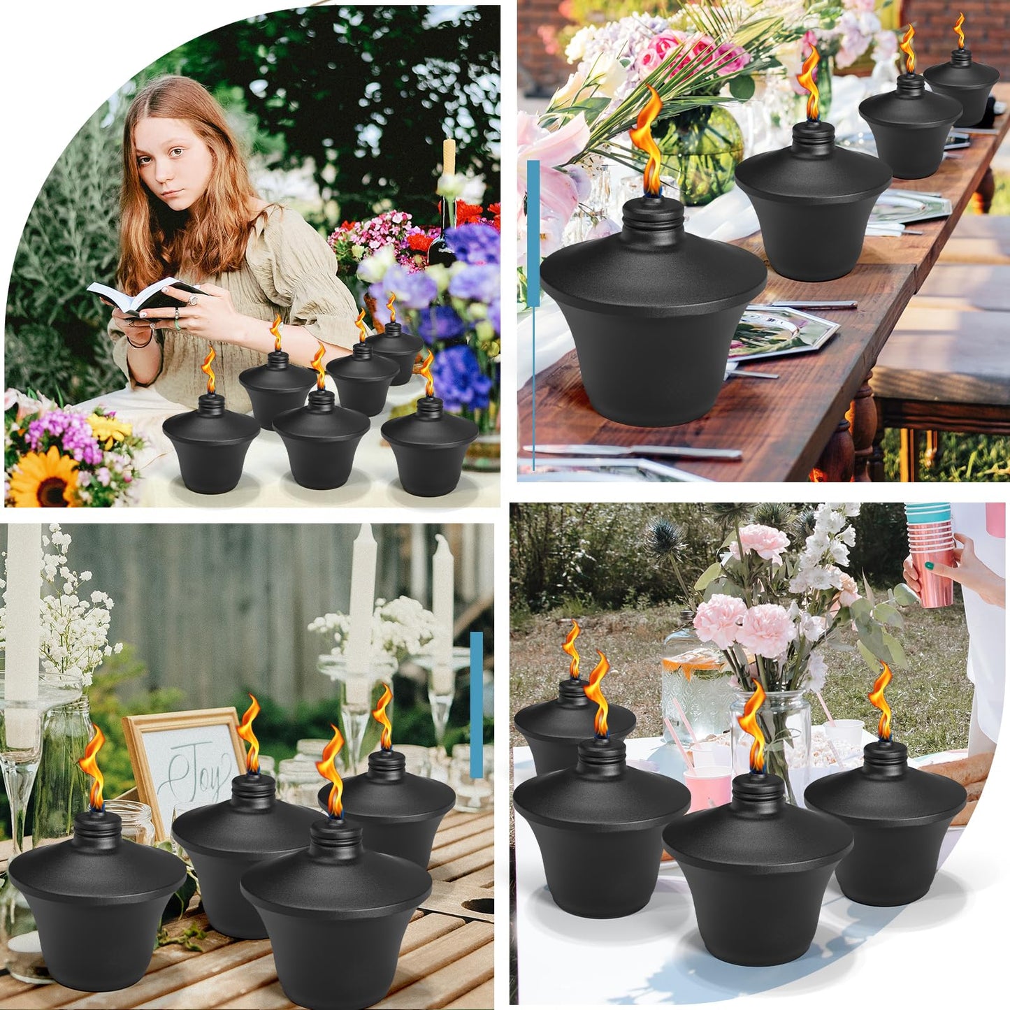 FALBAWR Citronella Tabletop Torches, 14.5 oz Metal Oil Burners, Black, 4-Pack, Fiberglass Wick for Outdoor Use