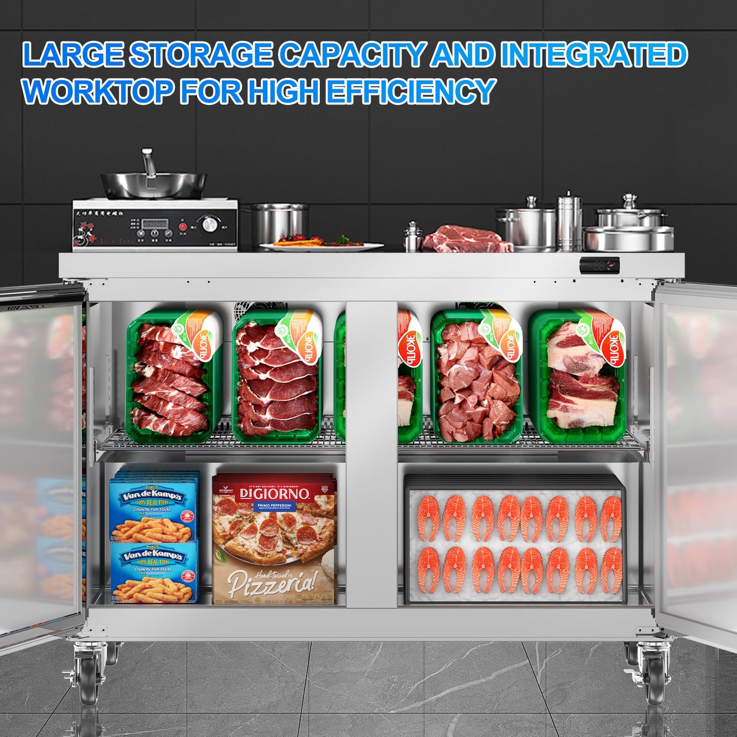 Rockitch 48" W Commercial Undercounter Freezer, 11.1 Cu.ft 2 Door Worktop Under Counter Freezer, Stainless Steel Commercial Kitchen Freezing Equipment for Restaurant, Bar, Shop, etc.