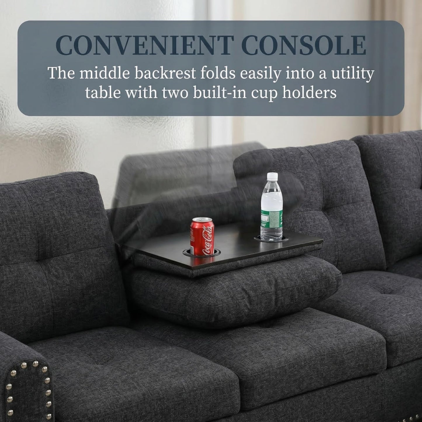 Trygoal L-Shape Sofa with Storage Ottoman & Reversible Coffee Table, Linen Sectional Couch with Right Chaise, 3-Piece Sofa Set for Living Room, Upholstered Couch Set with Solid Wood Frame, Black Grey