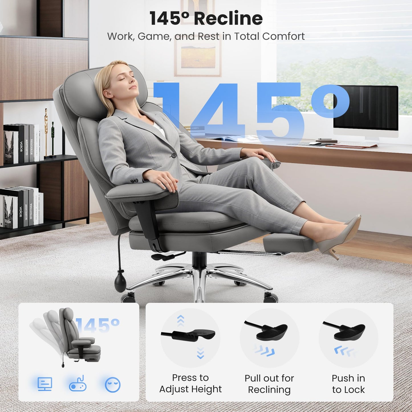 BestGlory Office Chair with Inflatable Lumbar Support & Footrest, Gray