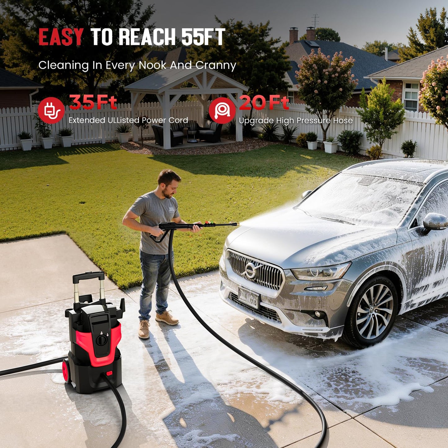 5000PSI Heavy Duty Pressure Washer, 3-Speed Adjustable Power Washer with 2-Stage Pull Rod, 4 Nozzles, Foam Cannon & 500ml Soap Bottle for Car, Home & Outdoor Cleaning,Red