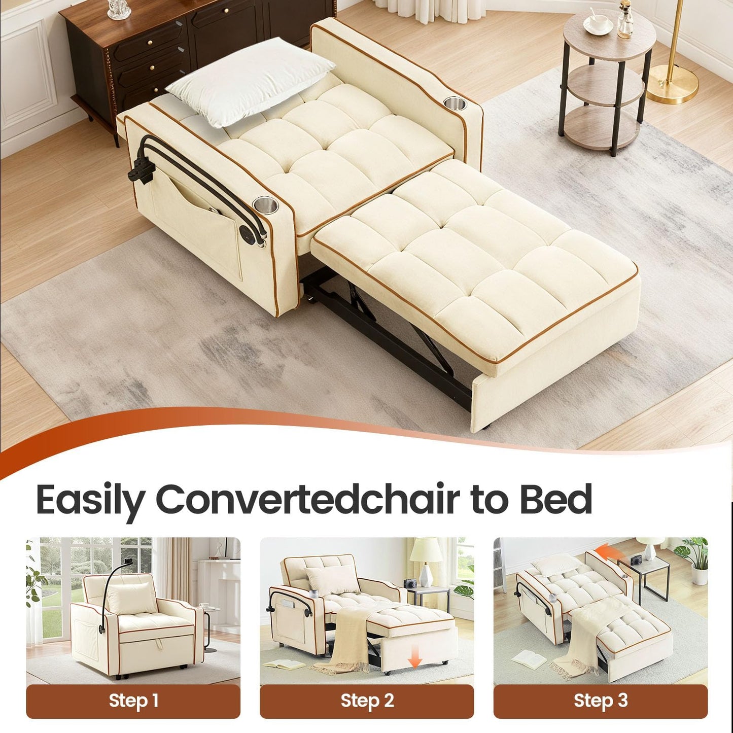 Trygoal Convertible Sleeper Chair, Chairs Bed Sleepers for Adults, Pull Out Chair Sleeper with Bracket and Cup Holder, 3 in 1 Sofa Bed Chairs for Small Spaces, Living Room, White