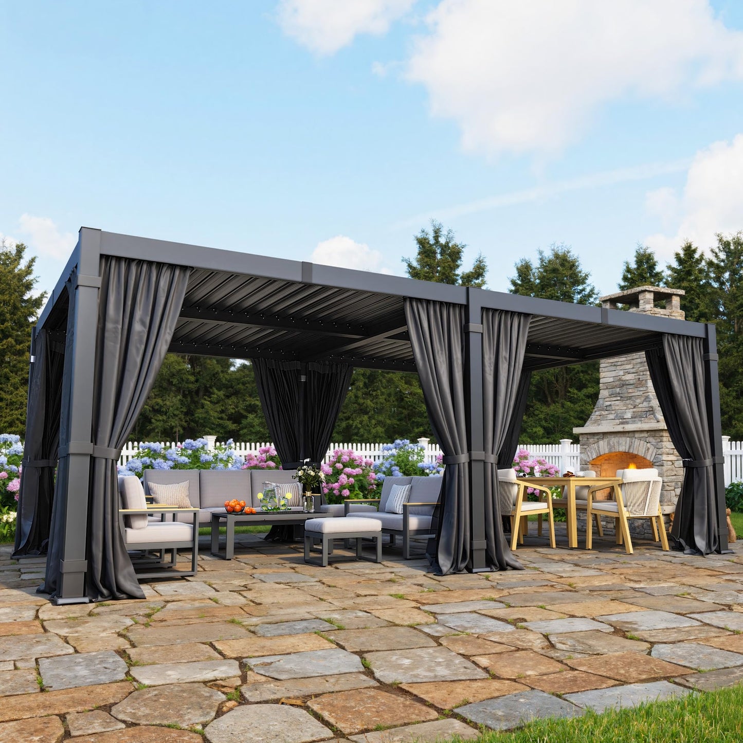 12' x 20' Louvered Pergola, Outdoor Pergola with Metal Adjustable Louvered Roof & Gutter System, Hardtop Patio Gazebo for Backyard, Patio, Garden, Dark Gray