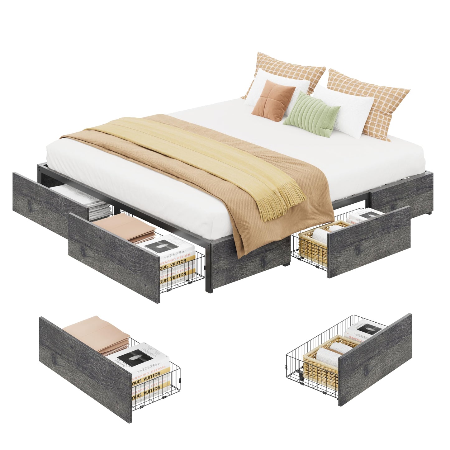 LIKIMIO King Bed Frame with Storage, 4 Drawers and Heavy Strong Metal Support Frames, Solid Stable, Noise-Free, No Box Spring Needed, Easy Assembly, Charcoal Grey