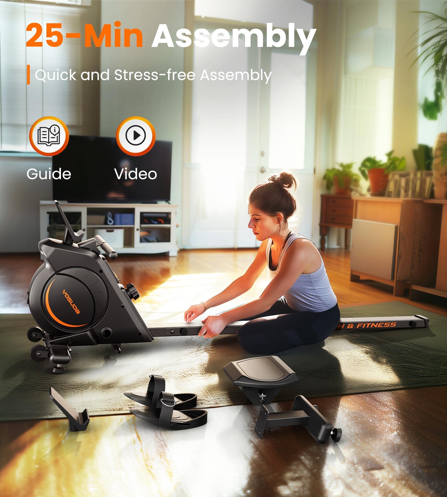 YOSUDA Rowing Machine for Home, Magnetic Rower Machine for Beginners to Athletes, Use with Resistance Adjustment Function, Bluetooth, App Supported, LCD Monitor, and Comfortable Seat Cushion
