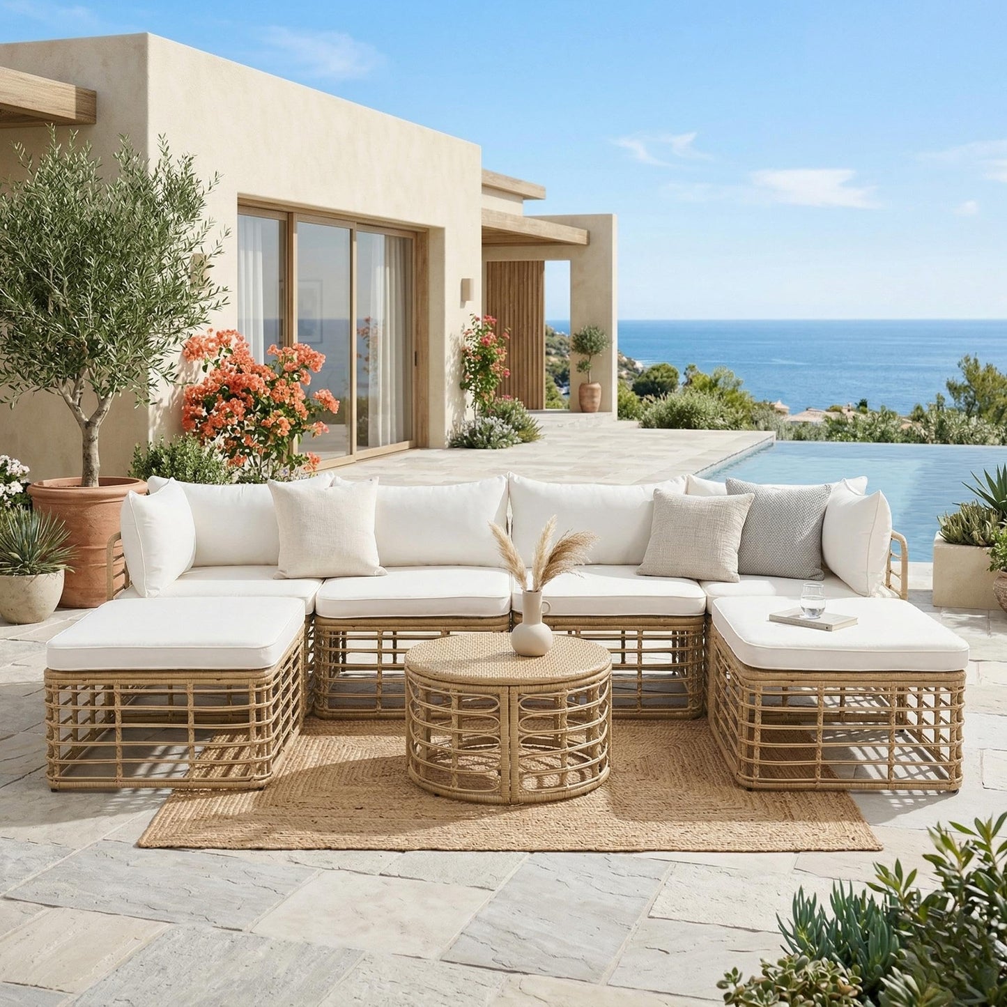 Merax 7 Pieces Rattan Outdoor Patio Furniture Set, All-Weather Sectional Sofa Set with Thick Cushions and Pillows, Freely Combined Conversation Sets for Garden Backyard Balcony (Beige)