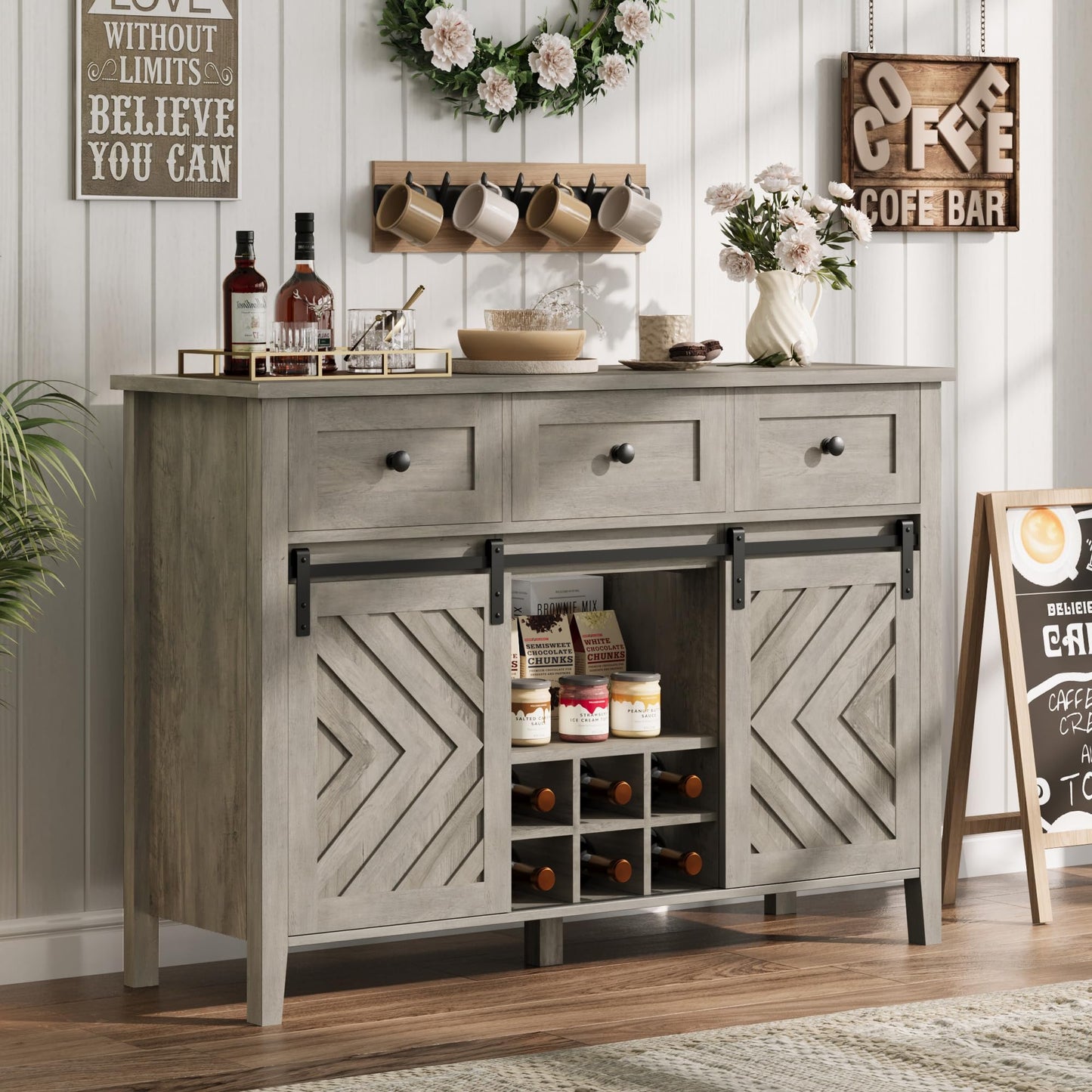 MERXENG 47 in Farmhouse Sideboard Buffet Cabinet with Wine Rack & Drawers, Wood Wine Bar Cabinet with Sliding Barn Doors, Rustic Coffee Station for Dining Room Kitchen Living Room, Grey