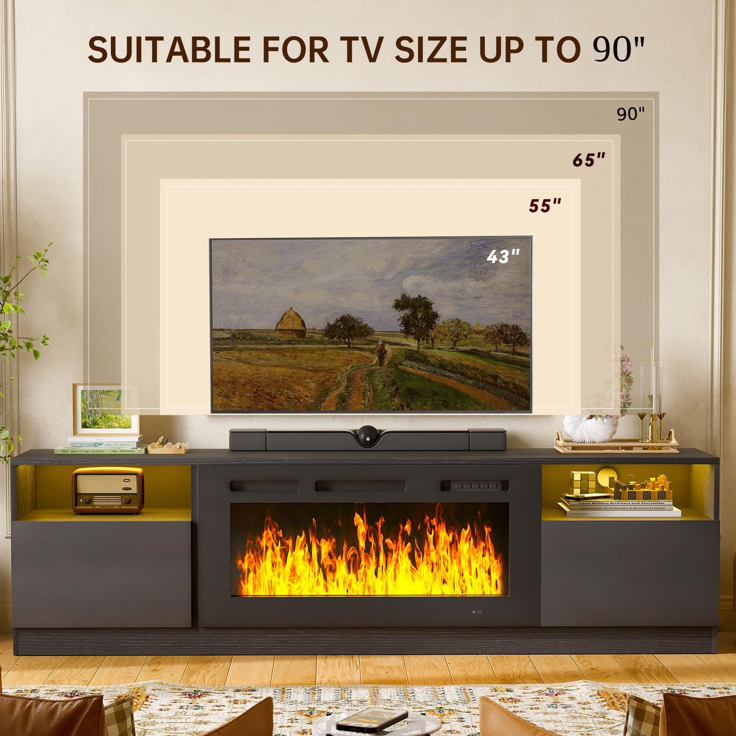 MXV 80" Fireplace TV Stand for TVs Up to 90", LED Light Entertainment Center with 36" Electric Fireplace, Modern Wood Texture TV Media Console with Highlight Storage Cabinet, Black+Black