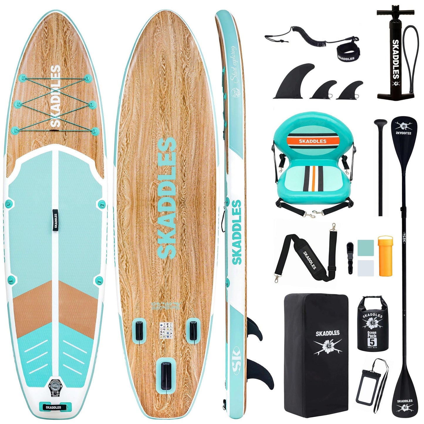 SKADDLES 10’6’’ Inflatable Stand Up Paddle Board (SUP) for Adults and Youth with Non-Slip Deck – Complete Accessories Kit, for Fishing, Yoga, Fitness & Family Fun (Mint Green Wood Grain/seat)