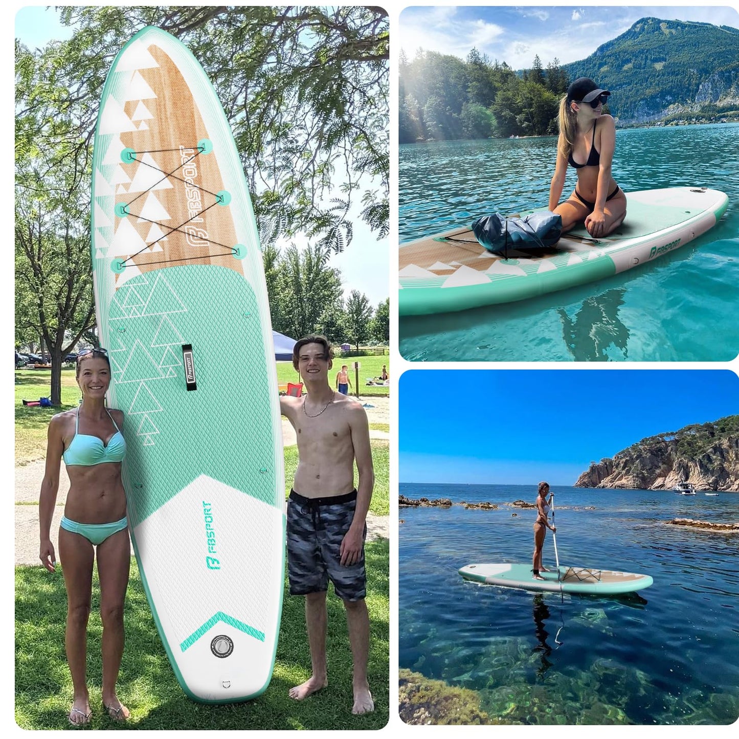 FBSPORT 11' Premium Stand Up Paddle Board, Yoga Board with SUP Accessories & Carry Bag | Wide Stance, Surf Control, Non-Slip Deck, Leash, Paddle and Pump for Youth & Adult (Light Brown)