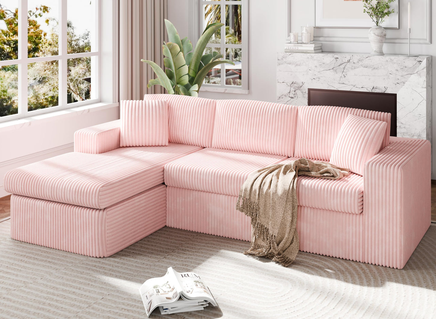 Shintenchi Boneless Couches for Living Room,Modular Sectional Sofa with Deep Seat,Memory Foam Cloud Couch with L Shaped Oversized Chaise,No Assembly Needed Plush Corduroy Sofa,Pink