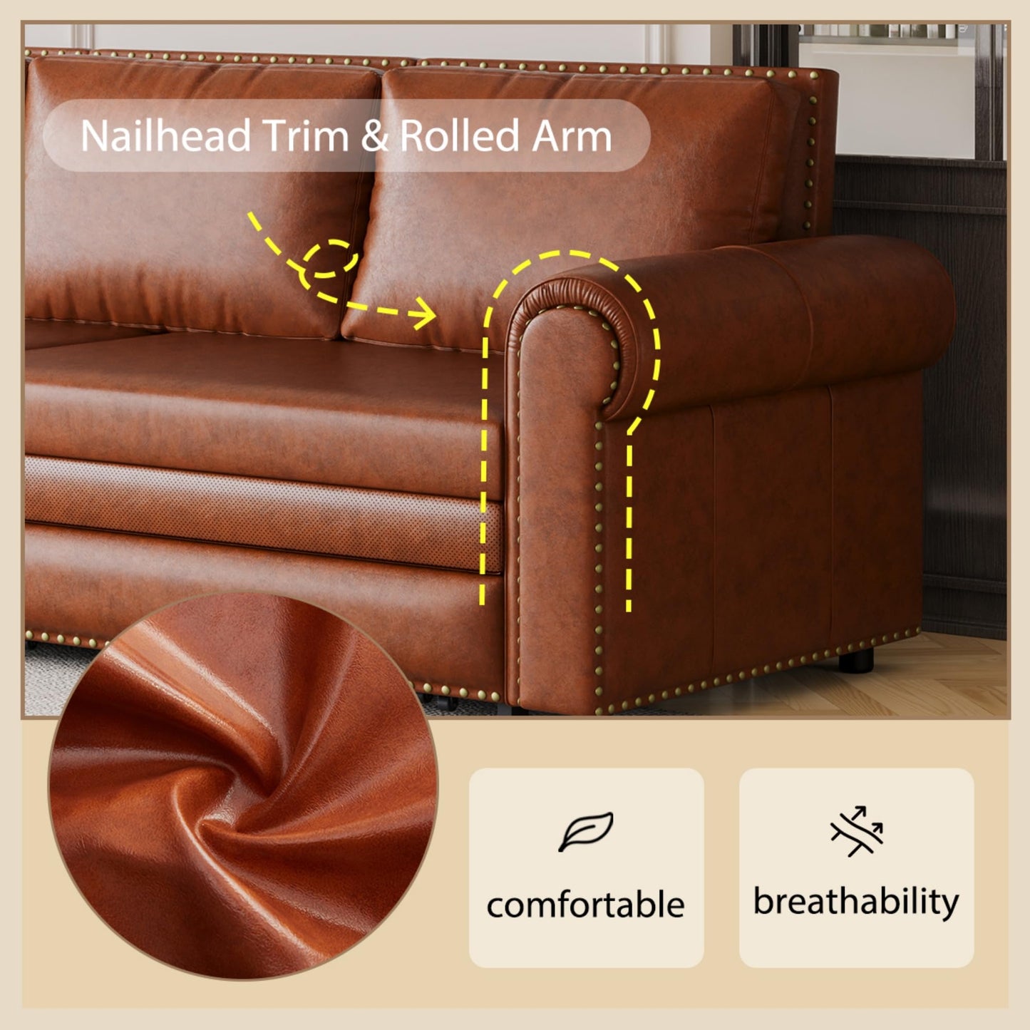 Ball & Cast 3-in-1 Convertible Sofa Bed,93.7" Faux Leather King Pull Out Couch Bed, Loveseat Sleeper Sofa with Nailhead Trim & Rolled Arm,Multi-Functional Sofa Couches for Living Room,Brown