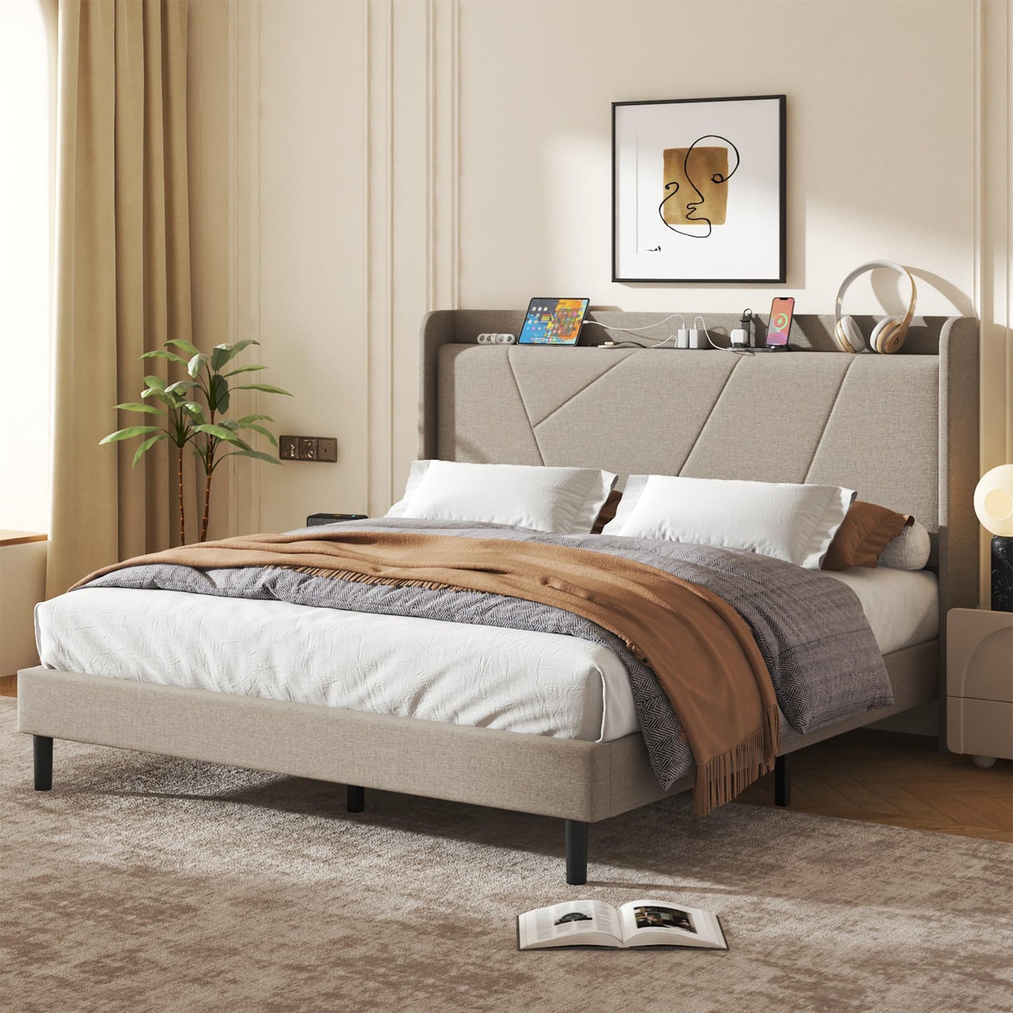 King Size Linen Bed Frame, Storage Headboard with Charging Station, Upholstered Platform Bed with Wooden Slats Support, Solid and Stable, Noise Free, No Box Spring Needed, Easy Assembly, Beige