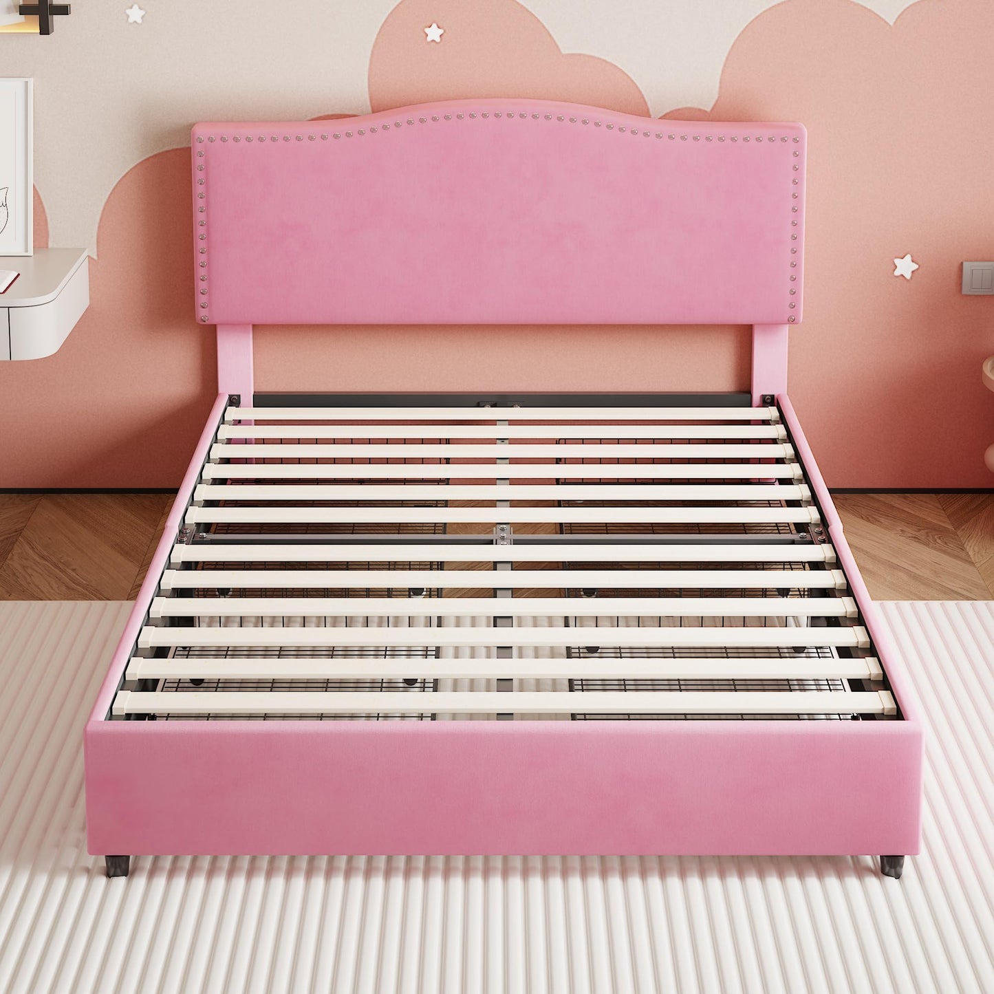 VECELO Queen Bed Frame, Platform Bed Frame with Underbed Storage Drawers and Adjustable Height Upholstered Headboard, Heavy-Duty Frame and Strong Wooden Slats Support, Noise-Free, Easy Assembly, Pink