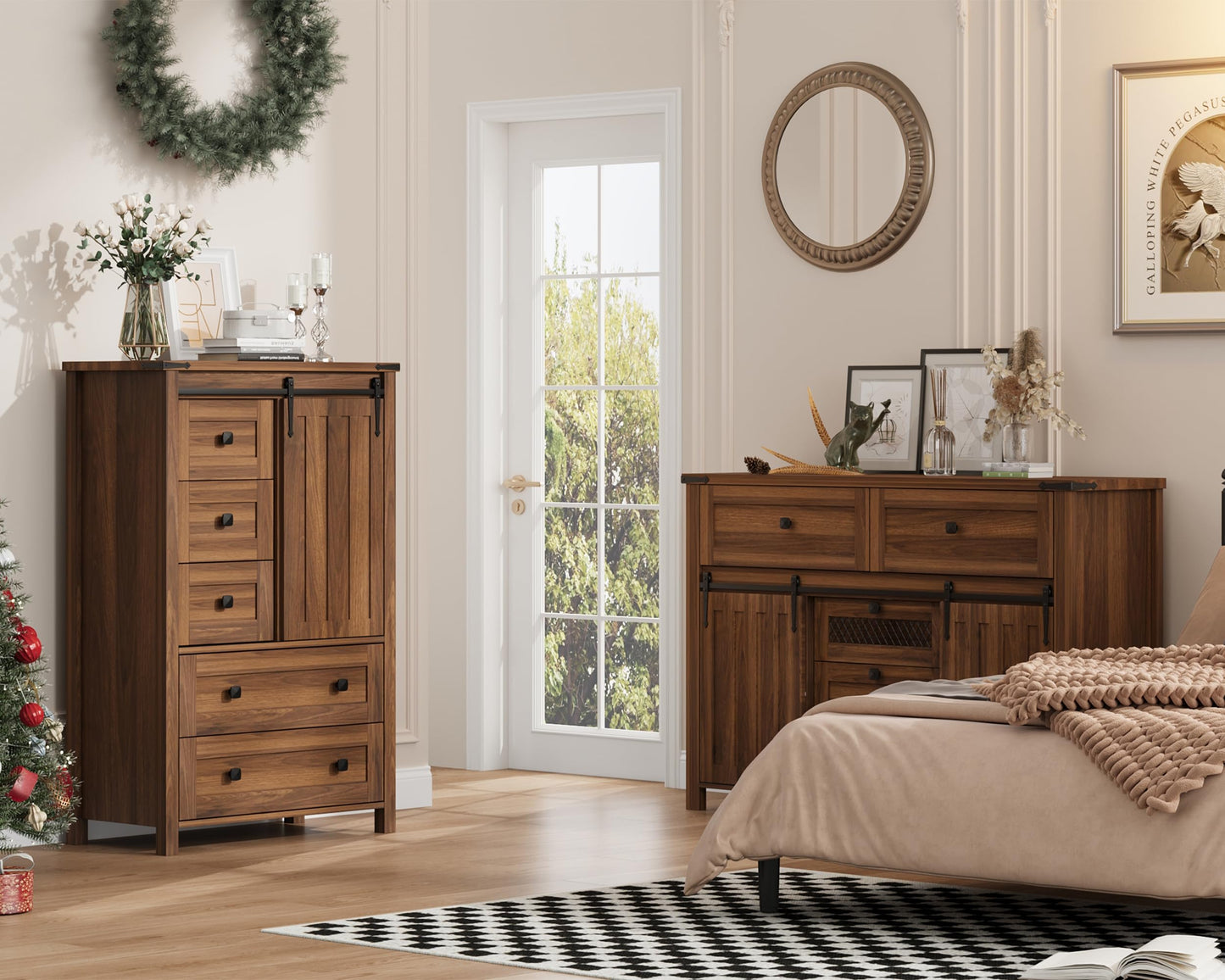 GarveeHome Farmhouse 5 Drawer Dresser for Bedroom, 48" Tall Wood Dressers Chest of Drawer with Sliding Barn Door, Adjustable Shelf, Storage Organizer for Bedroom, Hallway, Living Room, Kitchen, Walnut