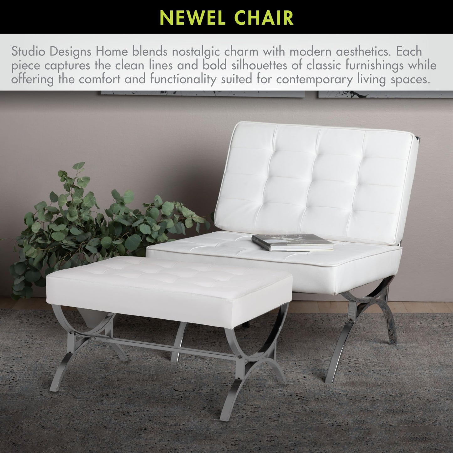 Newel Modern Accent Chair in Blended Leather, Chrome/White