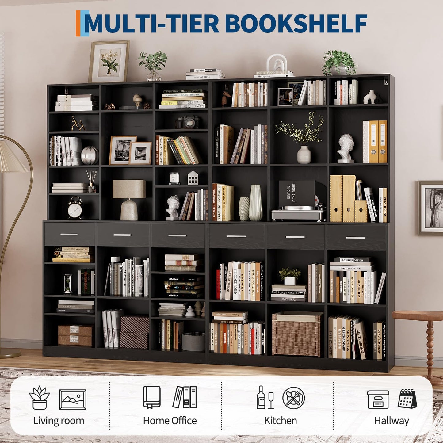 Garvee 75" Tall Bookcase with Drawers, 47" Wide Large 9-Tier Farmhouse Wooden Bookshelf Storage Cabinet with Adjustable Shelves for Living Room Office, Black
