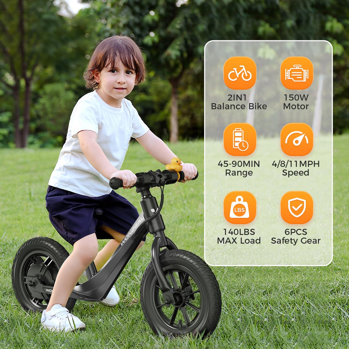 wonzeal Electric Balance Bike for Kids Ages 3-5,150W Toddler Balance Bikes with 12 inch Pneumatic Tire, Adjustable Seat, Knee/Wrist/Elbow/pad,Boy Girls Birthday Toys.