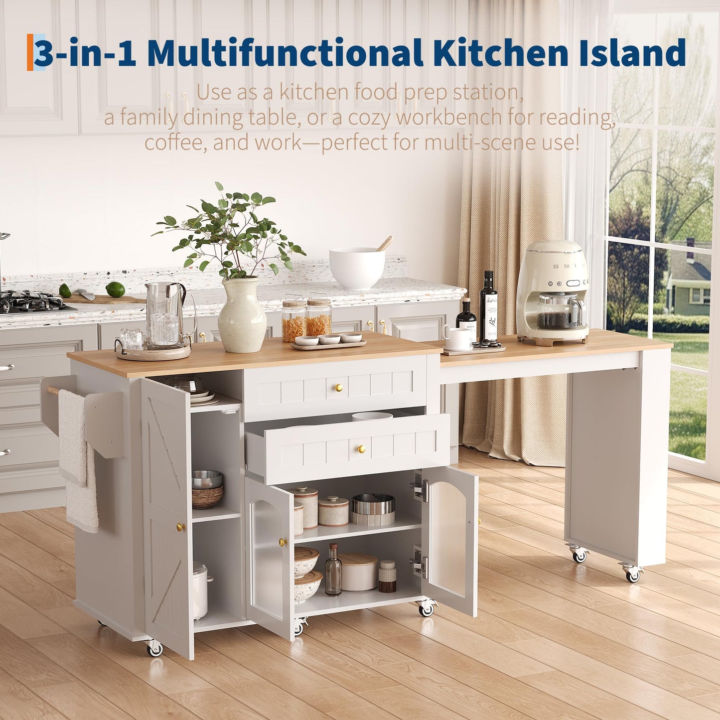 78.3” Rolling Kitchen Island with Extendable Table, Storage Cabinet, Drawers & Shelves, White Modern Mobile Island Cart on Wheels, Farmhouse Wood Island Table for Kitchen, Dining Room, Home Bar