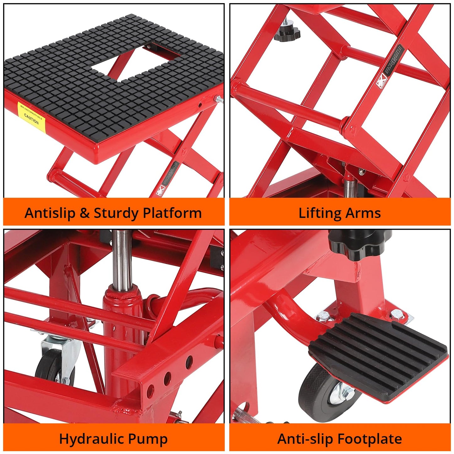 Hydraulic Motorcycle Lift Table, 350 LB Capacity Foot Operated Motorcycle Scissor Jack with 4 Wheels & Wide Deck & J-Hooks, 13.3-33.4 in Lifting Height, Ideal for ATV Dirt Bikes, Red