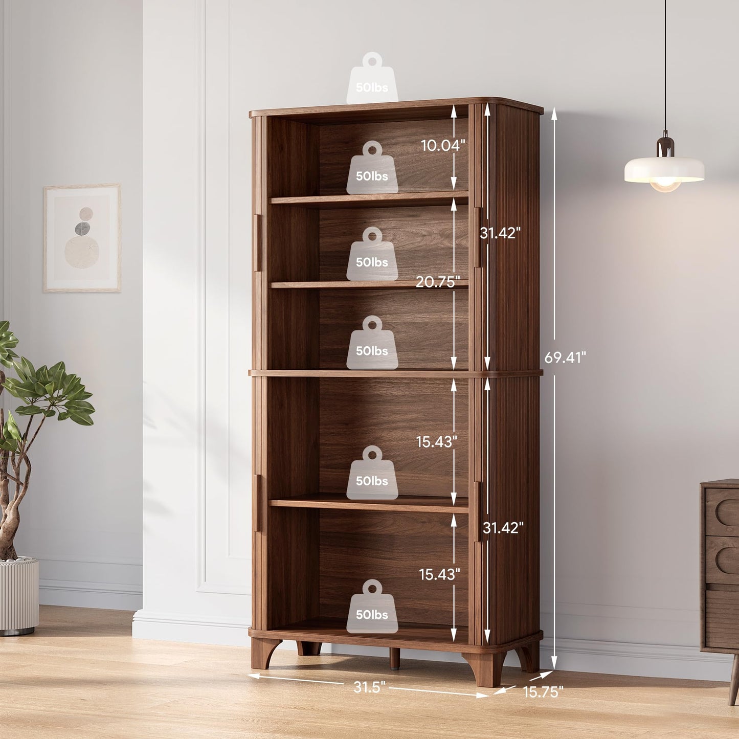 Decofy 69" Tall Kitchen Pantry Storage Cabinet with Sliding Door, Modern Curved Edge Pantry Storage Cabinet with 5 Shelves, Cupboard for the Kitchen, Dining Room, Bedroom, Living Room, Office (Walnut)