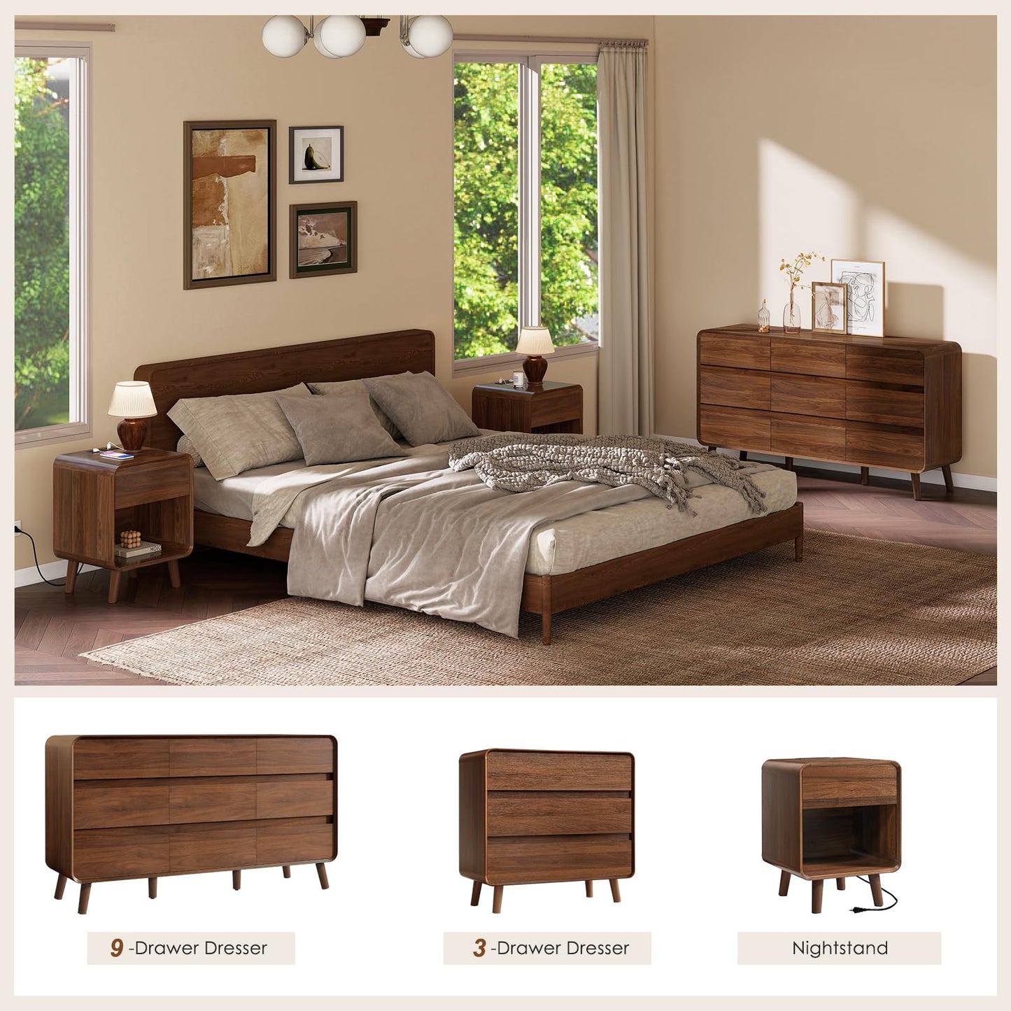 Nasonet Mid Century Modern 9 Drawer Dresser for Bedroom, Wooden Dresser & Chests of Drawers, Wide Storage Drawer Dresser TV Stand, Walnut