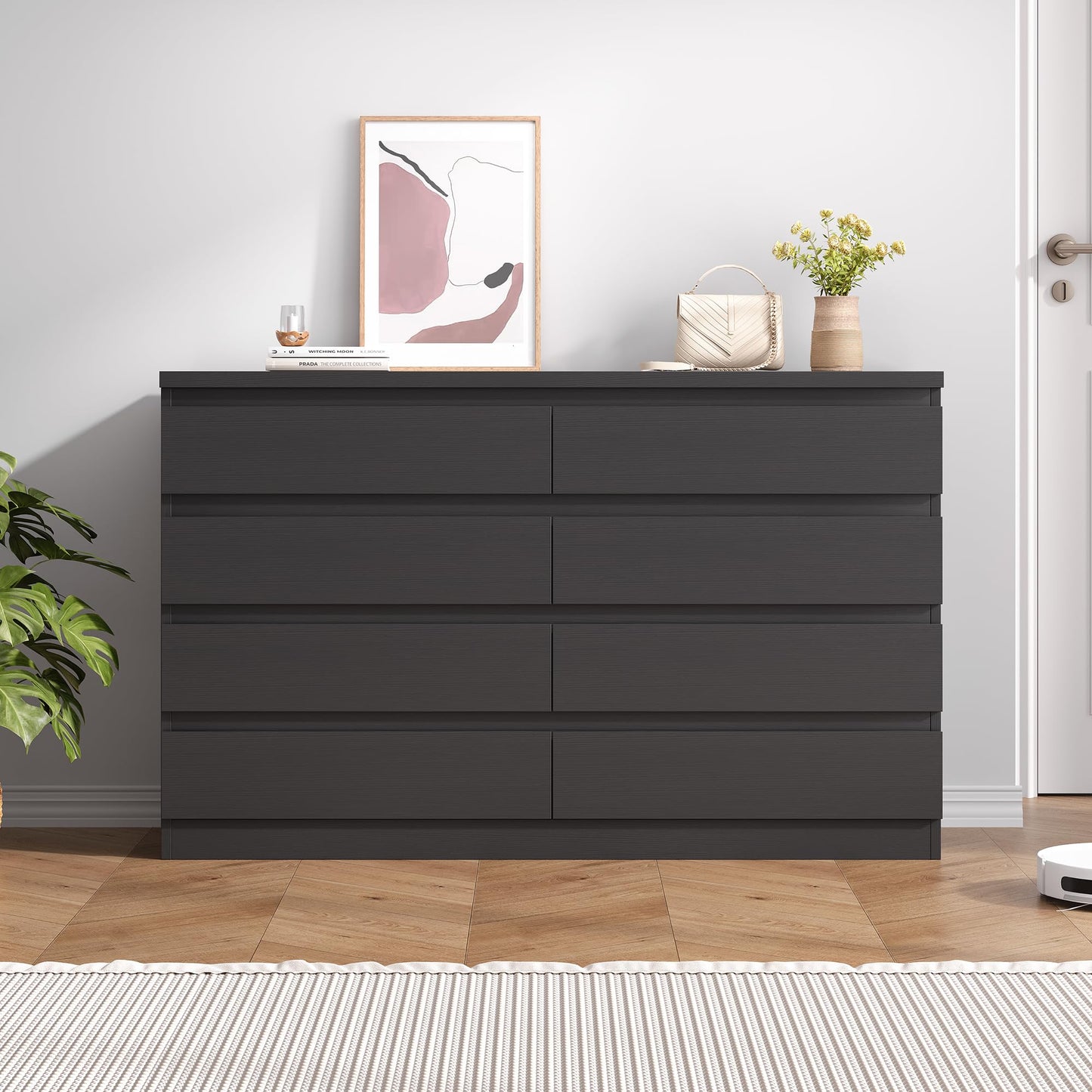 Jocoevol Modern Black 8 Drawer Dresser for Bedroom, 15.3" D x 55.2" W x 32.3" H Simply Chest of Drawers, Wood Storage Dresser with Deep Drawers for Living Room Hallway Entryway, Black