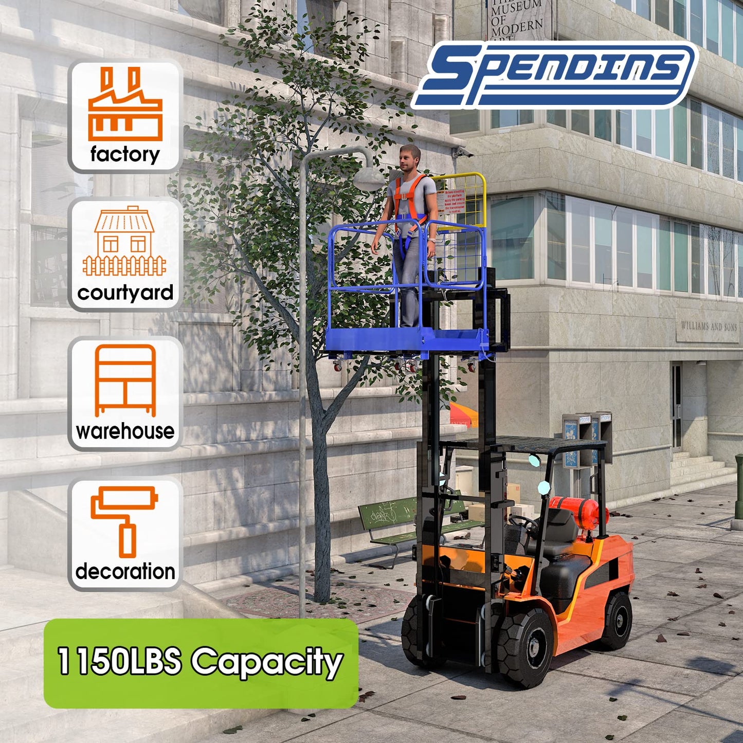 SPENDINS Forklift Safety Cage, 36"x36" Foldable Work Platform 1150LB, Safe Man Basket Construction Lift Basket of Heavy Steel with Four Guardrails and Four Swivel Casters for Aerial Work