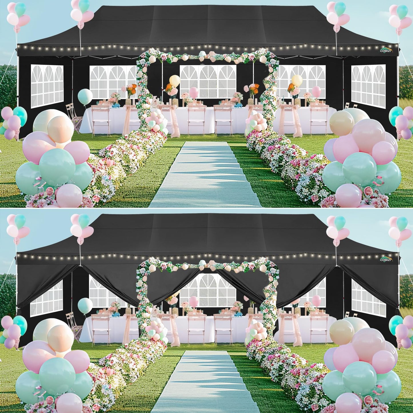 COBIZI 10x30 Pop up Canopy with Roller Bag & 8 Removable Sidewalls, Canopy Tent for Parties, Wedding, and Commercials, Waterproof and Instant Shelter UV50+ Outdoor Gazebo with 4 Sandbags(Pure Black)