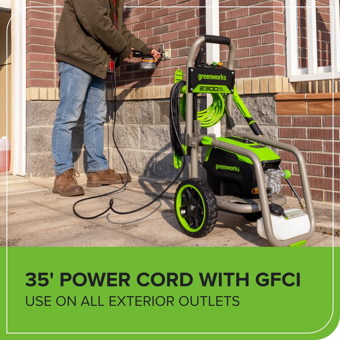 Greenworks Pro Brushless 2300 PSI (SGS Certified) 2.3 GPM Max / 1.2 GPM Electric Pressure Washer (Foldable Handles, Rugged Steel Frame, 25 FT Hose, 35 FT GFCI Power Cord)