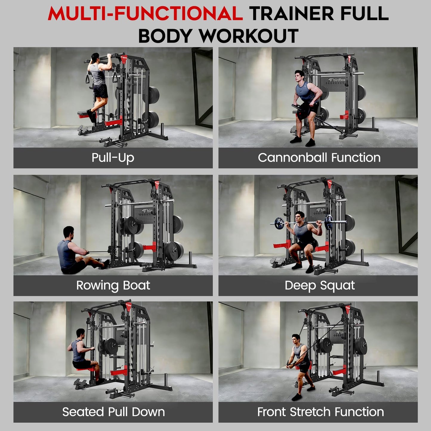 Birdfeel Multi-Function 2000LB Smith Machine Power Cage, Home Gym Squat Rack Featuring LAT Pulldown, Dual Pulley Cable Crossover, Gym-Quality Power Rack with Strength Training Attachments, Pegboard