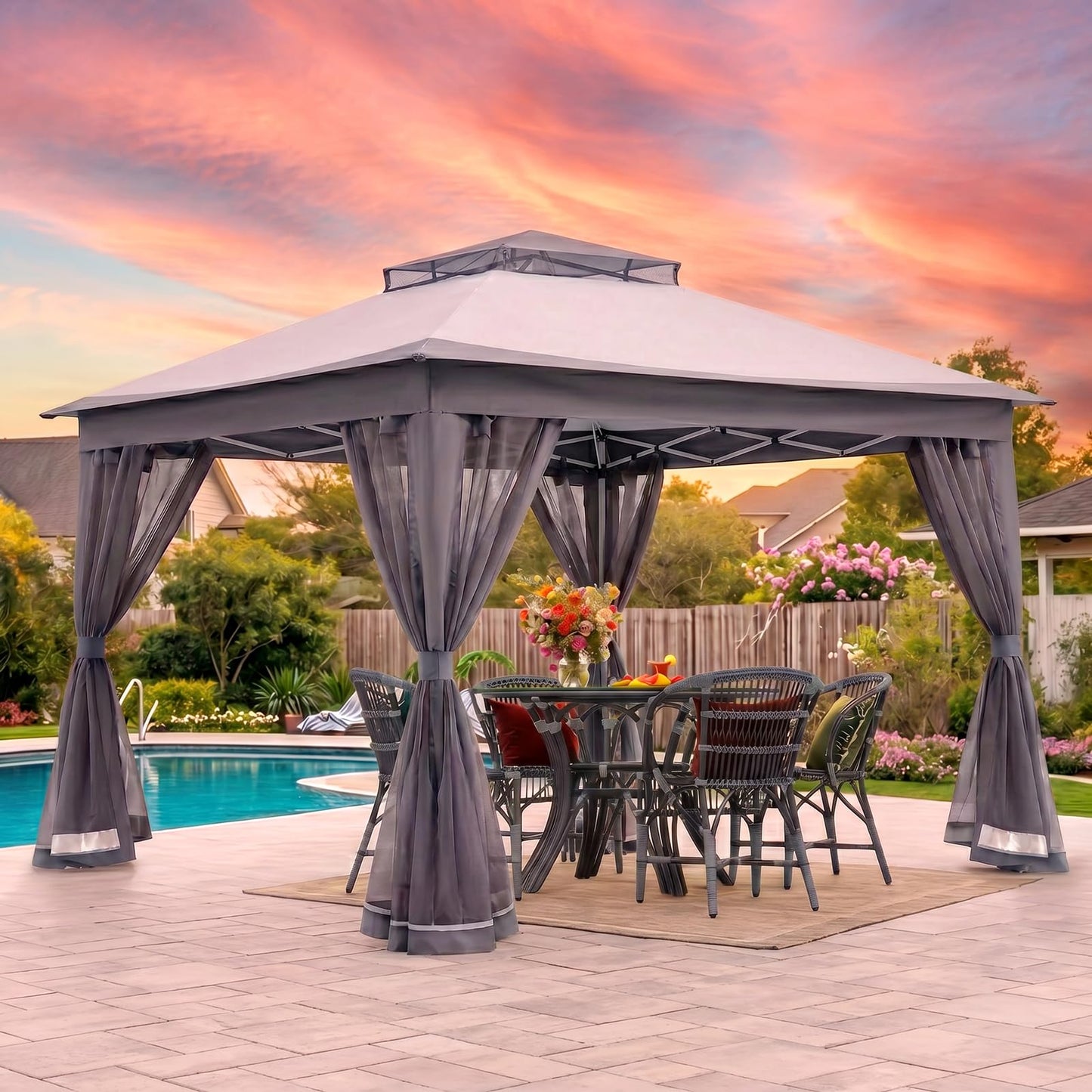11x11 Pop Up Gazebo, Instant Waterproof Outdoor Canopy Tent with Removable Mesh Netting, UV Protection Portable Sun Shelter with Wheeled Cover Bag for Patio Backyard, Gray