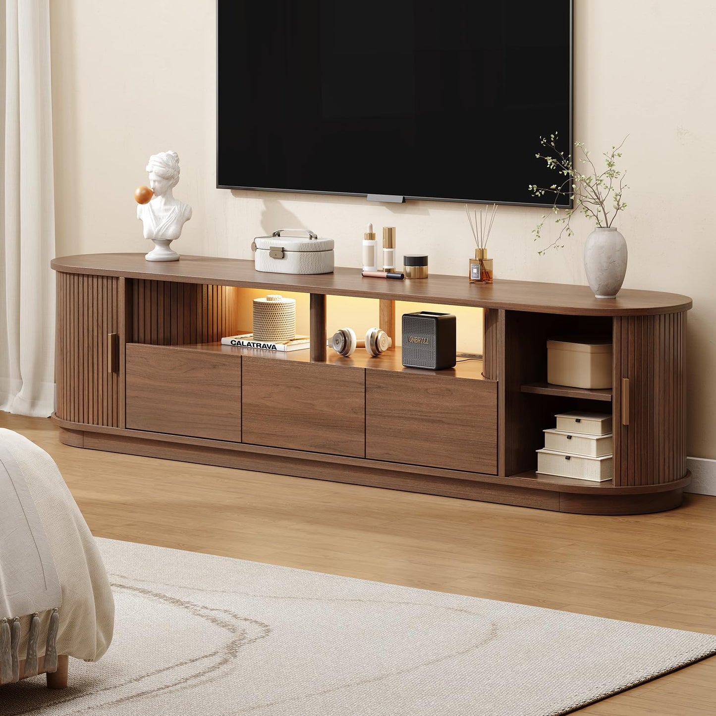 ONBRILL 71" TV Stand with Power Outlet and Led Lights for TVs up to 85", Entertainment Center with 3 Drawers and 1 Open Shelf, Mid-Century Modern TV Console with Sliding Door for Living Room, Walnut
