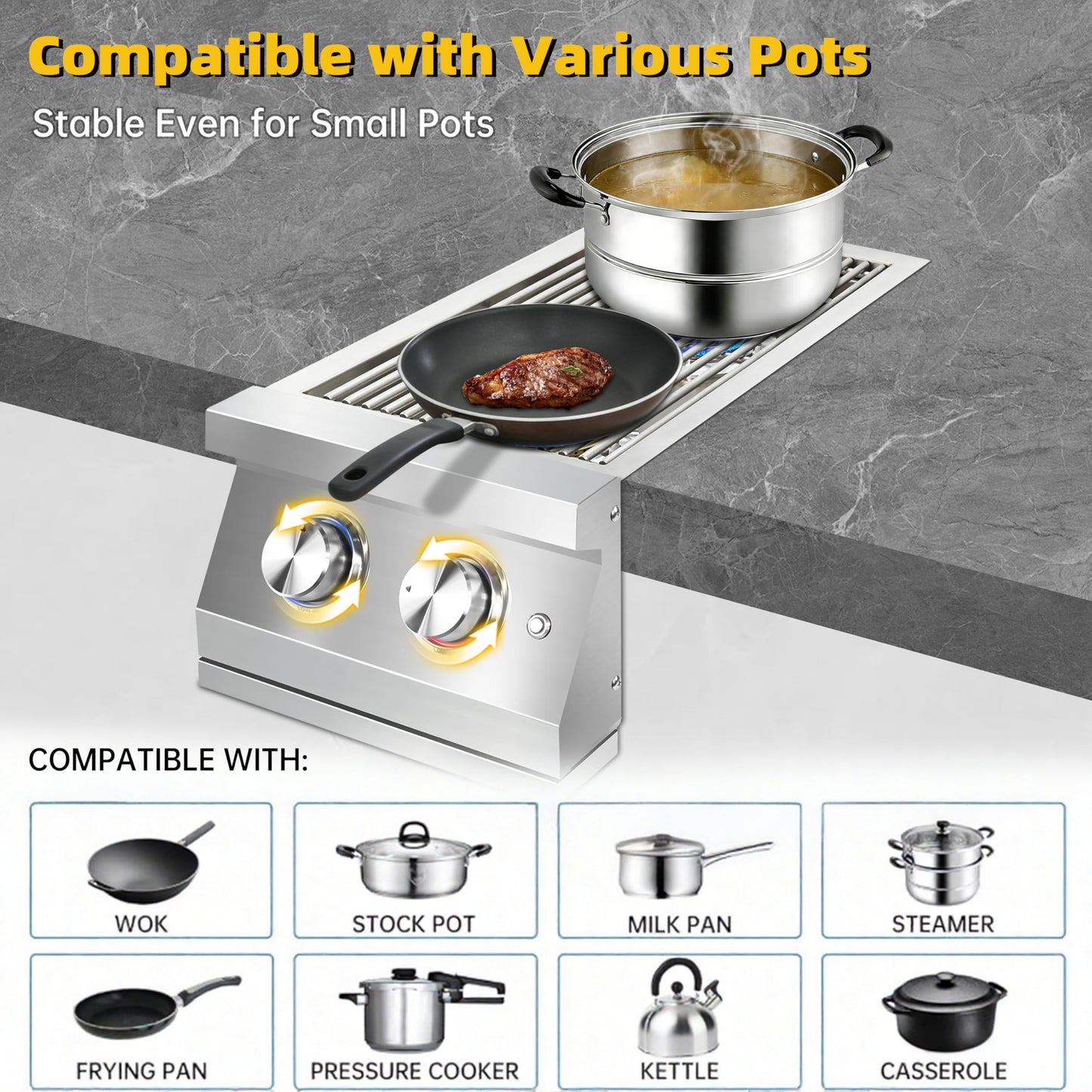 Double Side Burners for Outdoor Grill, Heavy-Duty 304 Stainless Steel, Built-in Side Burners with LED for Outdoor Kitchen BBQ Island, 2x17,000BTU Natural Gas Side Burner with Cast Brass Burner