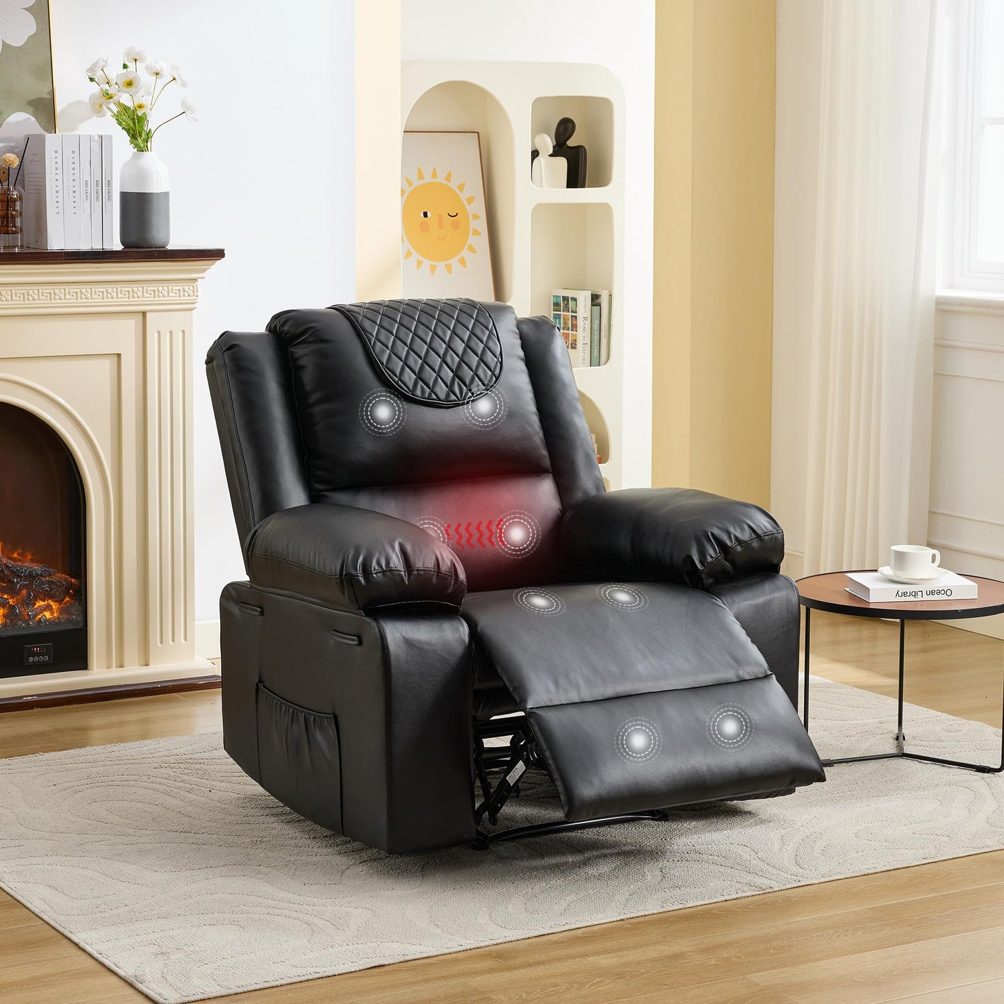 Manual Recliner Chair for Adults - 135° Front & Rear Adjustable, with Heating & Massage, Side Storage Pockets & Remote Control, Ideal for Living Room & Bedroom(Black)