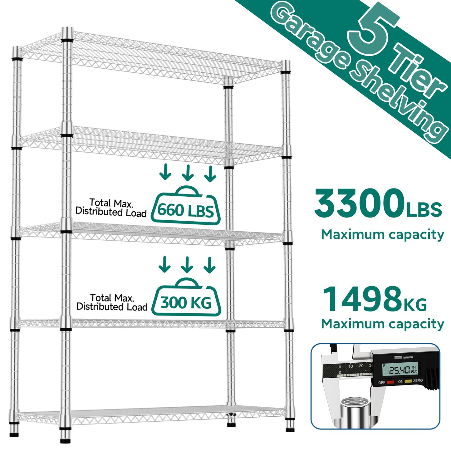M MZG 5 Tiers Shelf Metal Storage Shelves 3300 lbs Steel Storage Shelving Utility Shelving Unit Steel Organizer Wire Rack for Home,Kitchen,Office,Garage Chrome 17.7" D x 47.2" W x 70.3" H