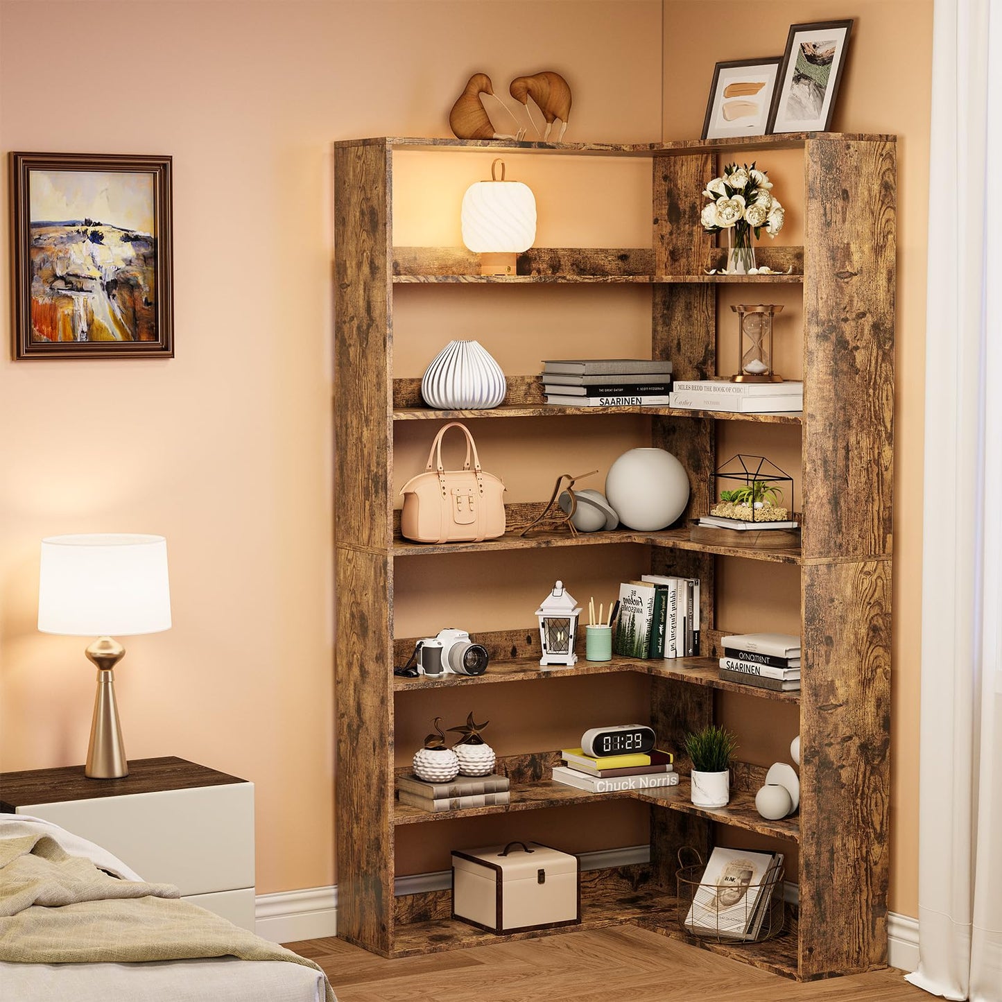 IDEALHOUSE Corner Bookshelf, 6 Tiers Corner Bookcases with Baffles, Corner Shelf L Shaped Bookshelf Storage Display Rack Living Room Bedroom